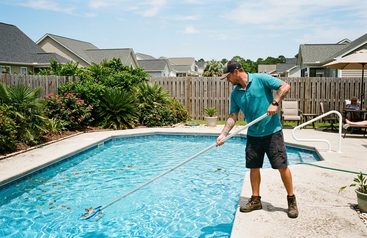 Pool technician skimming a residential pool in a Myrtle Beach backyard