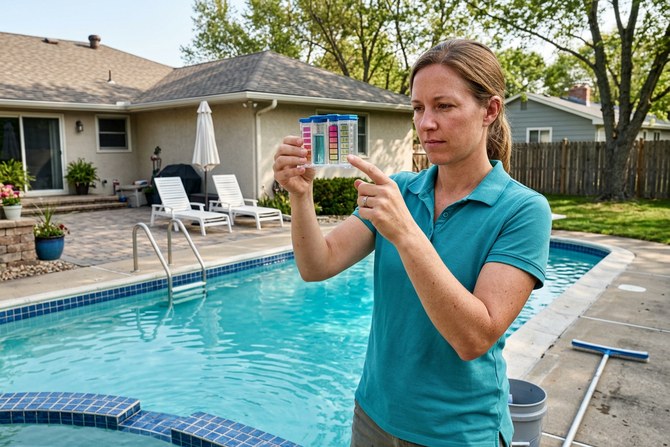 Pool technician testing water chemistry with a test kit