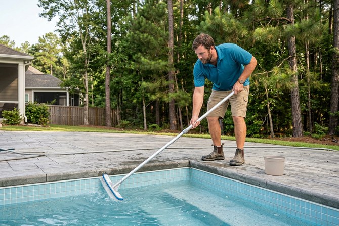Pool technician brushing the walls of a residential pool