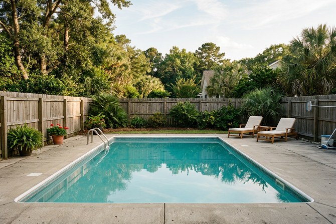 Clear blue residential pool with a clean deck in a backyard