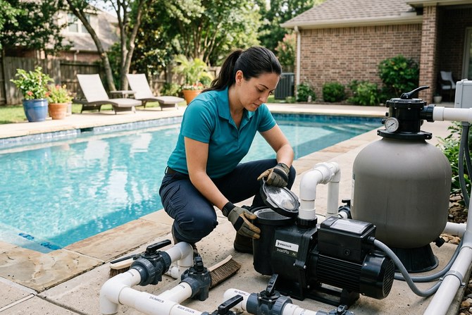 Pool technician inspecting a pool pump and filter system