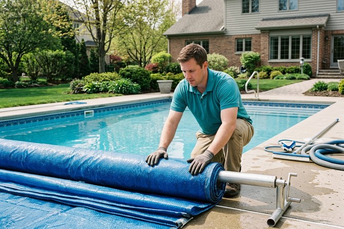Pool opening in spring with a technician removing a winter cover