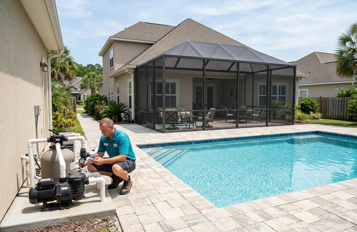 Backyard pool with a pool technician checking equipment