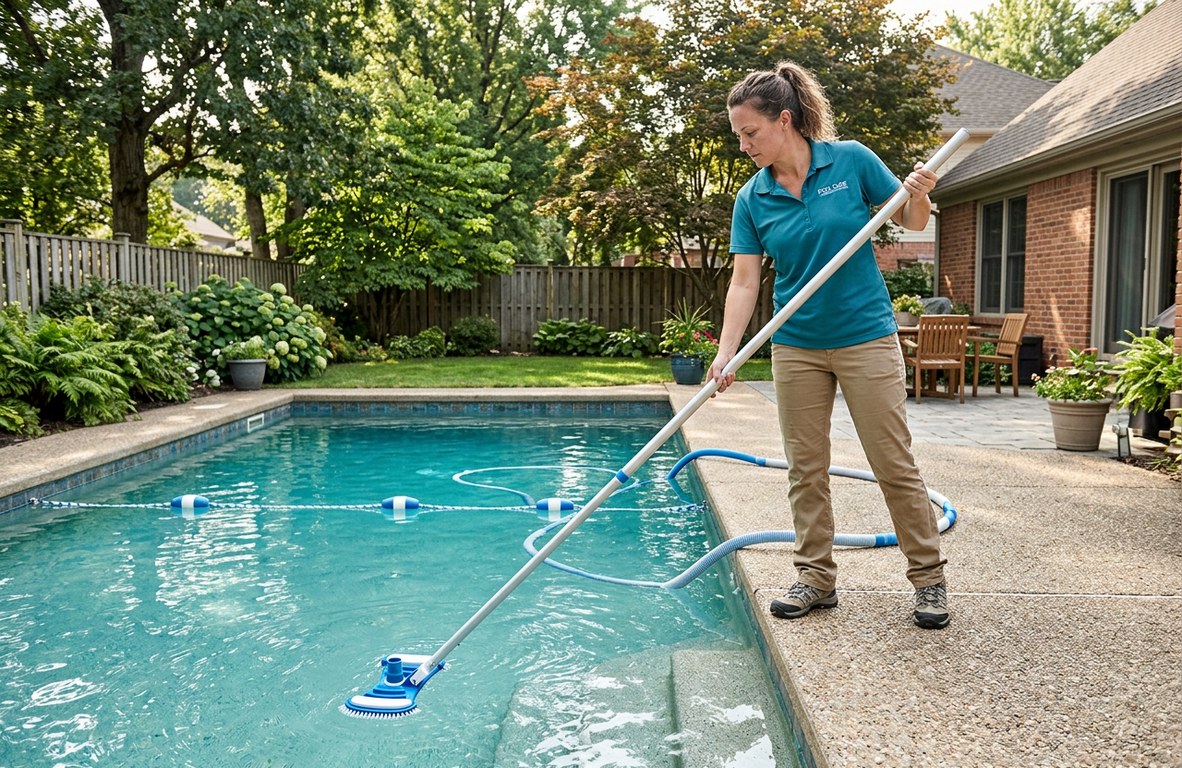 Pool technician vacuuming the floor of a residential pool