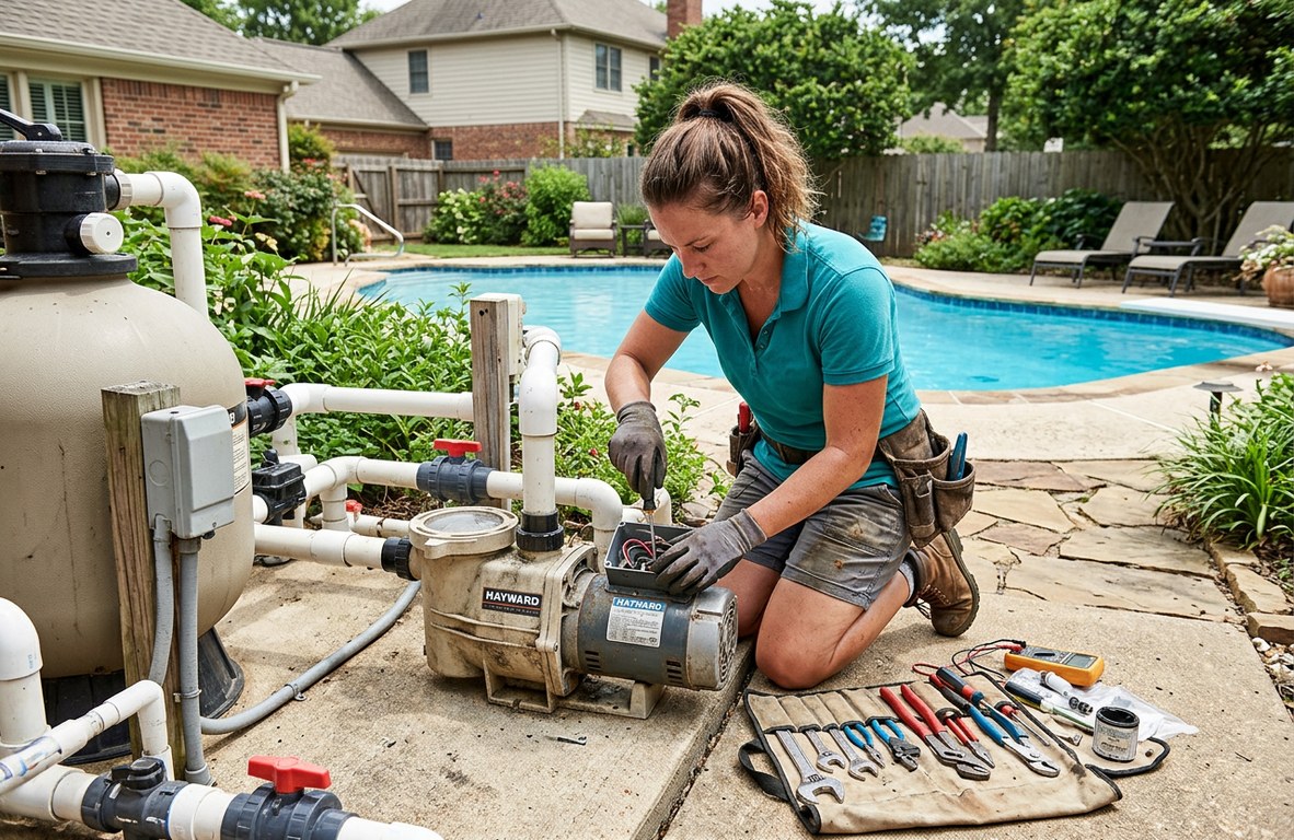 Pool technician repairing a pool pump motor