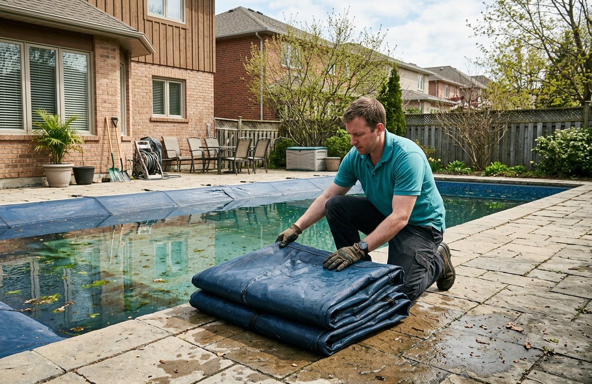 Pool technician removing a winter cover during spring pool opening