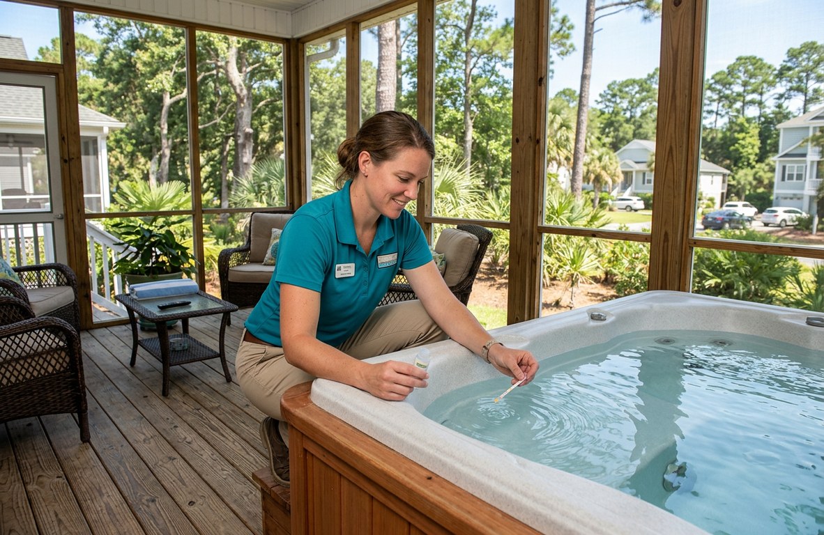Hot tub with clean, clear water and a technician testing the water