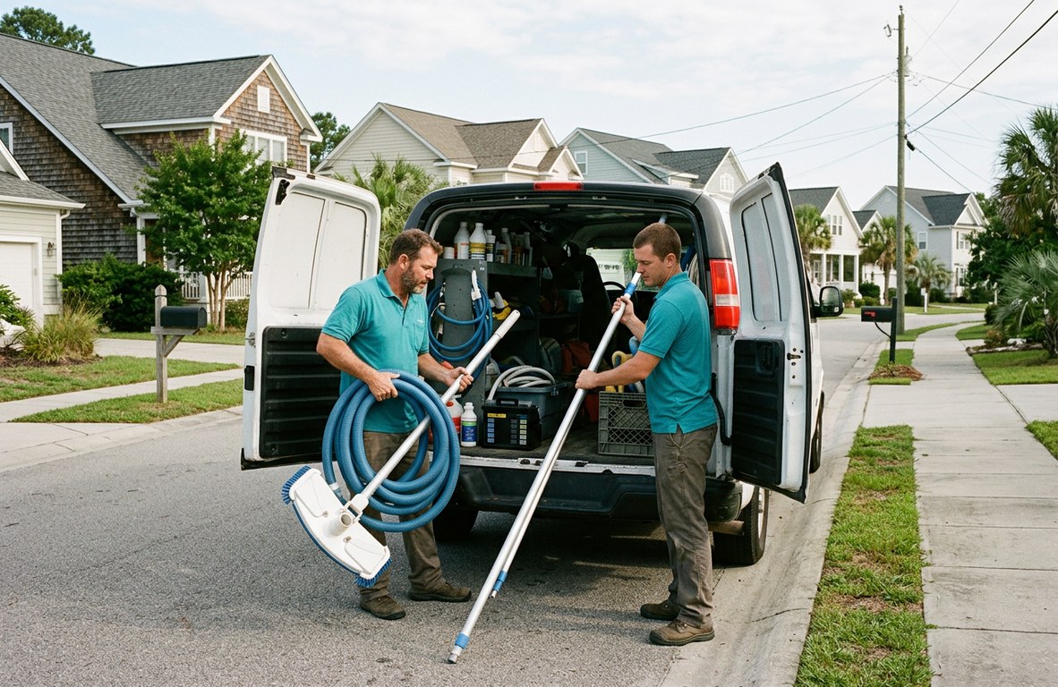 Pool maintenance team loading equipment at a service vehicle