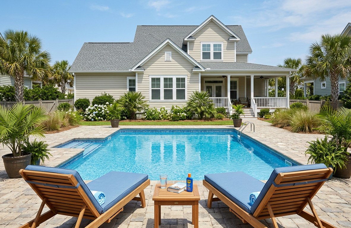Clean backyard pool ready to swim on a sunny day